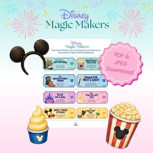Pode incluir: Um download digital com ingressos Disney Magic Makers, uma tiara de orelhas do Mickey Mouse, um sorvete e um balde de pipoca. Os ingressos incluem frases como "Captain Now" e "Main Street Treat Pass".