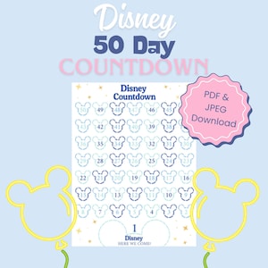 Puede incluir: Un gráfico de cuenta regresiva de Disney de 50 días en azul claro con formas de cabeza de Mickey Mouse. El gráfico incluye los números 1-50 en azul, con el texto "Disney Countdown" y "PDF & JPEG Download". Dos contornos de globos de Mickey Mouse amarillos están en primer plano.