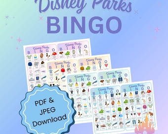 Bingo des parcs Disney imprimable | Chasse au trésor à Disneyland et Disney World | Jeu de vacances Disney pour enfants