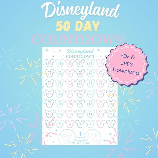 Disney Trip Countdown Printable | 50 Day Disneyland Countdown for Kids | Family Vacation PDF