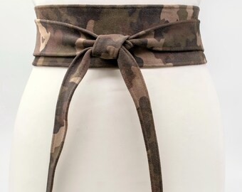 Green suede Leather Belt Wrap Obi Belt for Women Camouflage 3'' Wide