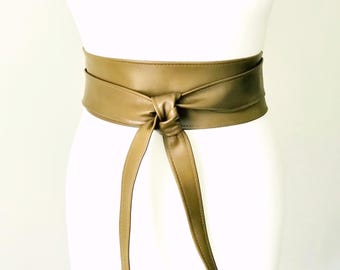 Leather Belt Khaki Wrap Obi Belt for Women 3 inches Wide
