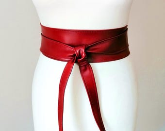 Dark Red Leather Belt Wrap Obi Belt for Women 3 inches Wide