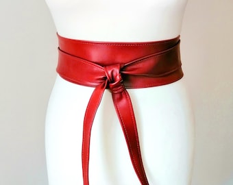 Red Leather Belt Wrap Obi Belt for Women 3 inches Wide