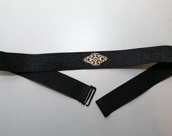 Black Elastic Belt: Sparkly Black with Gold Filigree Waist Cincher