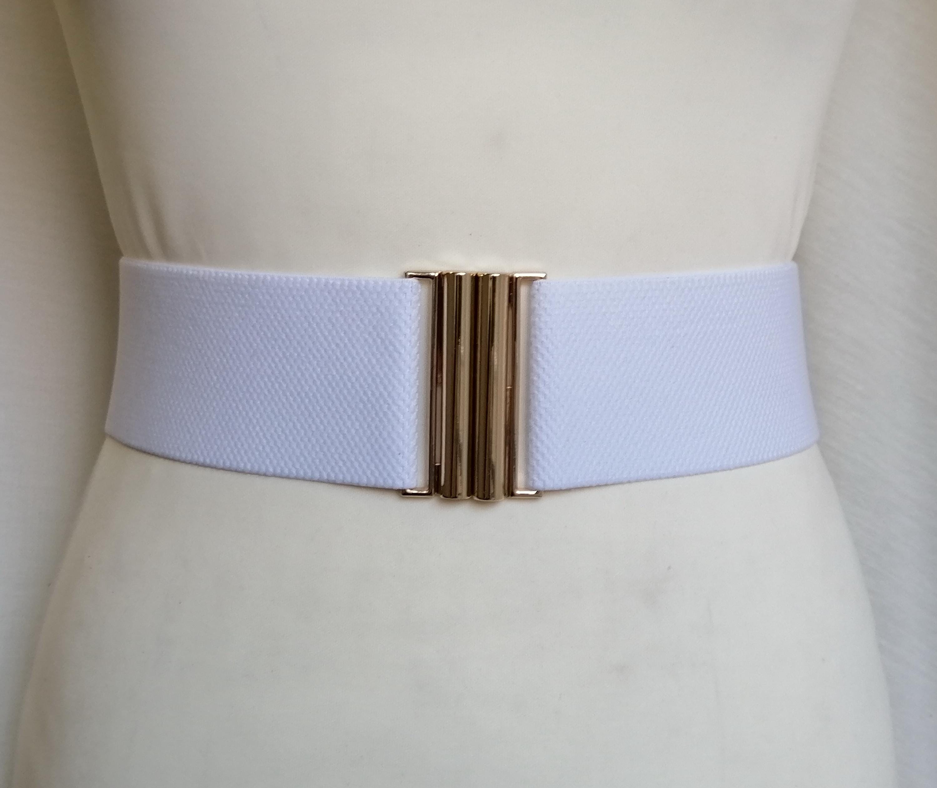 White Leather Elastic Waist Belt Size L Stretch High Waist Cinch Accessory Chic Buy Womens High Waist Belt With Rectangle Buckle | White Leather main image 3
