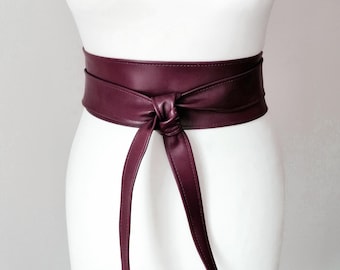 Leather Belt Wrap Obi Belt for Women 3 inches Wide Plum Deep Purple