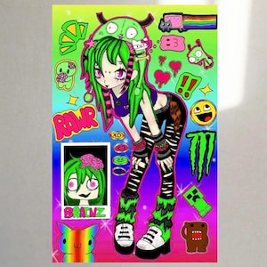 May include: A vibrant poster featuring a cartoon illustration of a girl with green hair and pink accents, wearing a purple top and black and white striped leggings. The artwork includes the word "RAWR" and other cartoon graphics, such as a Minecraft block and a Monster Energy logo.