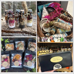 May include: A witch-themed gift box with a black background and the text "Witch Themed" in white. The box contains a variety of items, including small glass bottles filled with herbs and crystals, a bundle of sage smudge sticks, and a variety of other witchy items.