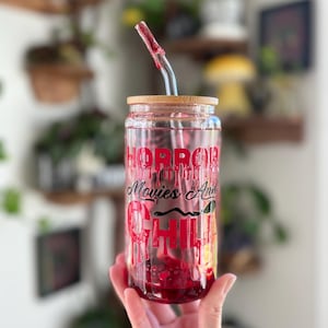 Horror blood drip snow globe bloody tumbler horror movies and chill blood drip straw glass cup handmade tumbler resin sealed glitter bottom!