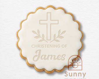 Personalised Christening Stamp: Cross & Laurel Leaf for Cookies, Clay