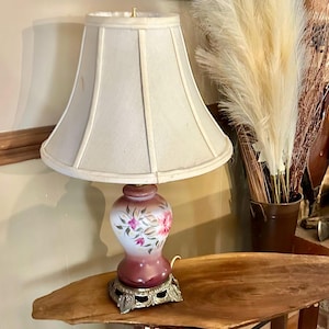 Vintage Table Lamp,  Hand Painted Floral Ceramic Lamp, Brass Base, Victorian Style Lamp, Modern Farmhouse, Shabby Chic, Cottage decor
