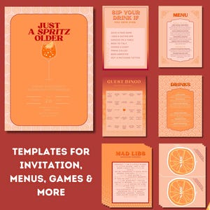 Just A Spritz Ältere Aperol Einladung, Menü & Spiel Bundle, bearbeitbare druckbare Geburtstagsnacht Dinner Party Canva Vorlage in Orange Italien