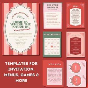 Lustige italienische Themen Housewarming Party Einladung, bearbeitbare druckbare Tomate Italien New Home Dinner einladen, Menü & Spiel Bundle Canva Vorlage