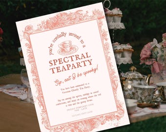 Pink Gothic Tea Party Invitation, Halloween Printable, Canva Template