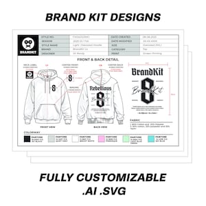 May include: Technical drawing of a light oversized hoodie design, front and back views, with the text "Brand Kit Designs." Includes colorway options and fabric details. The design features the text "Rebellious" and the number "8".