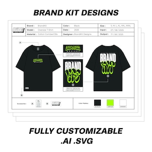 Puede incluir: Maqueta de una camiseta negra con un diseño gráfico verde que dice "Brand Kit" en una fuente estilizada. El diseño se muestra en la parte delantera y trasera de la camiseta. La paleta de colores incluye negro, verde y blanco.