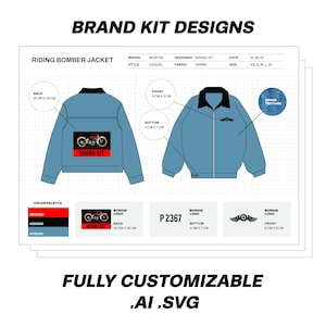 Può includere: Un modello di giacca bomber in denim blu con colletto nero e chiusura a zip. La giacca ha un logo sul davanti e sul retro. Il design è completamente personalizzabile ed è disponibile nei formati .AI e .SVG.