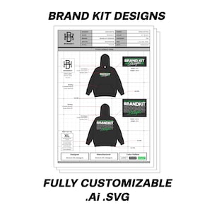 May include: A black hoodie mockup with a green and white logo that says "BRANDKIT Designs". The hoodie is shown in a front and back view. The design is fully customizable and available in .Ai and .SVG formats.