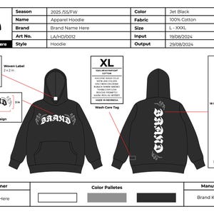 May include: A black hoodie with a white graphic design of the word "BRAND" on the front and back. The hoodie has a large hood and a kangaroo pocket. The design includes a woven label with the text "2x2 in" and a wash care tag. The hoodie is labeled "XL".