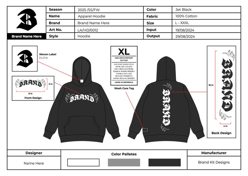 May include: A black hoodie with a white graphic design of the word "BRAND" on the front and back. The hoodie has a large hood and a kangaroo pocket. The design includes a woven label with the text "2x2 in" and a wash care tag. The hoodie is labeled "XL".