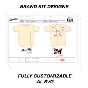 Puede incluir: Un diseño de maqueta para una camiseta con un gráfico de mariposa y el texto "Brand Kit" en negro y rosa. La camiseta es de color amarillo claro y el diseño está en la parte posterior de la camiseta. El diseño es totalmente personalizable y está disponible en formatos .Ai y .SVG.