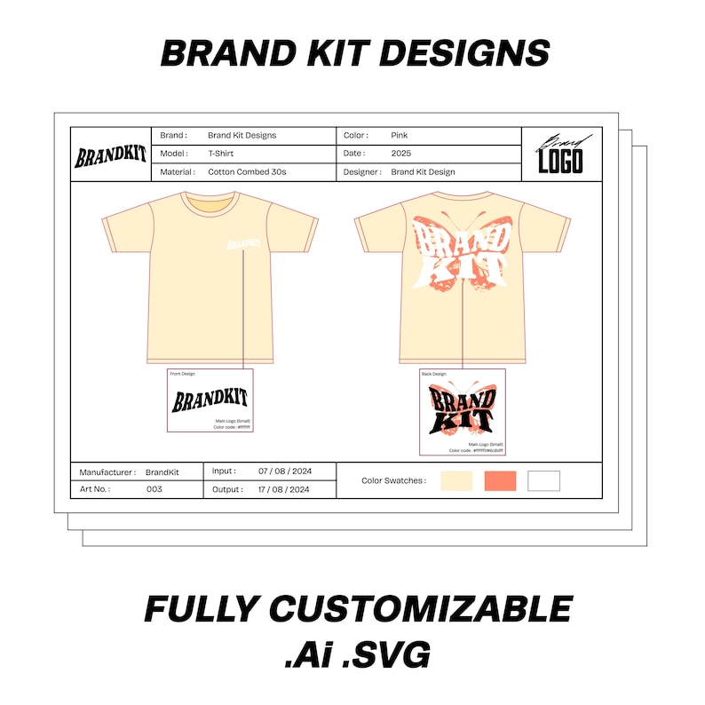 Może przedstawiać: Projekt makiety koszulki z grafiką motyla i tekstem "Brand Kit" w kolorze czarnym i r&oacute;żowym. Koszulka jest jasnoż&oacute;łta, a projekt znajduje się na plecach koszulki. Projekt jest w pełni konfigurowalny i dostępny w formatach .Ai i .SVG.
