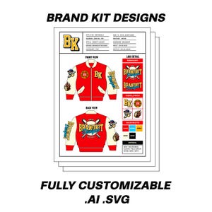 May include: A red and white varsity jacket design with the text "Brandkit Designs" on the back. The jacket has a chenille patch with the letters "BK" on the front. The design includes a color palette and material details.