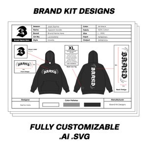 Puede incluir: Una plantilla de diseño de sudadera con capucha negra con un estampado gráfico blanco de la palabra "BRAND" en la parte delantera y trasera. El diseño incluye una etiqueta tejida, una etiqueta de cuidado de lavado y una paleta de colores. El texto "BRAND KIT DESIGNS" está en la parte superior de la página. El texto "FULLY CUSTOMIZABLE .Ai .SVG" está en la parte inferior de la página.