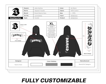 Hoodie Streetwear Apparel Mockup Sheet Tech Pack Design Template