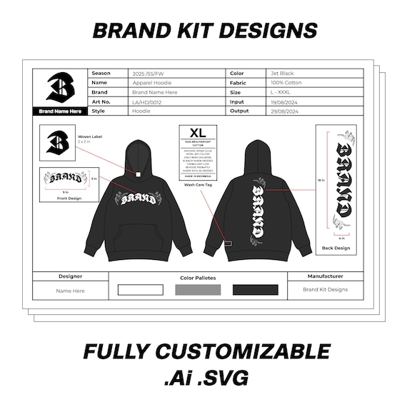 Hoodie Streetwear Apparel Mockup Sheet Tech Pack Design Template