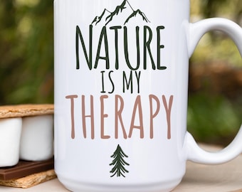Nature is My Therapy Ceramic Mug | Minimalist Mountain Design for Hikers