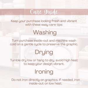 May include: A care guide with instructions for washing, drying, and ironing. The text advises turning the item inside out and washing cold on a gentle cycle. It recommends tumble drying on low or hanging to dry, and ironing inside out on low heat.