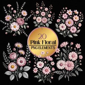 20 Blush Pink Floral Clipart Bundle PNG Transparent and Black Background Digital Flowers Download Commercial Use Clipart Printable Elements