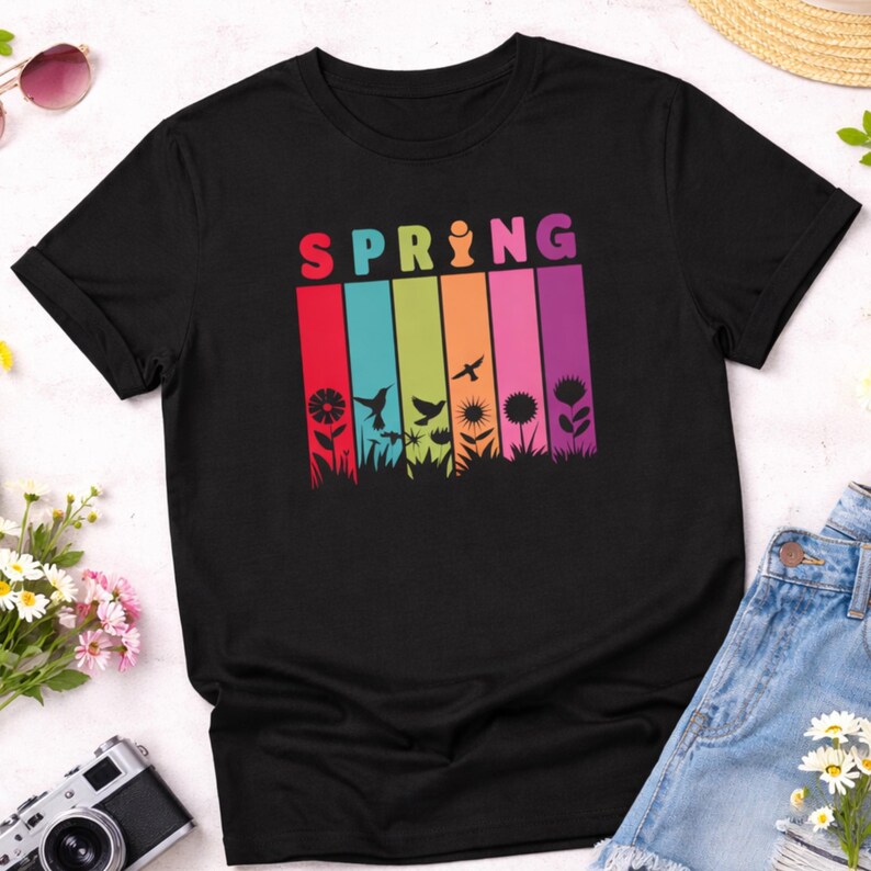 May include: Black t-shirt with the word "SPRING" in rainbow colors. Below the word are vertical stripes of color with silhouettes of flowers, birds, and plants. The shirt is made of a soft material.