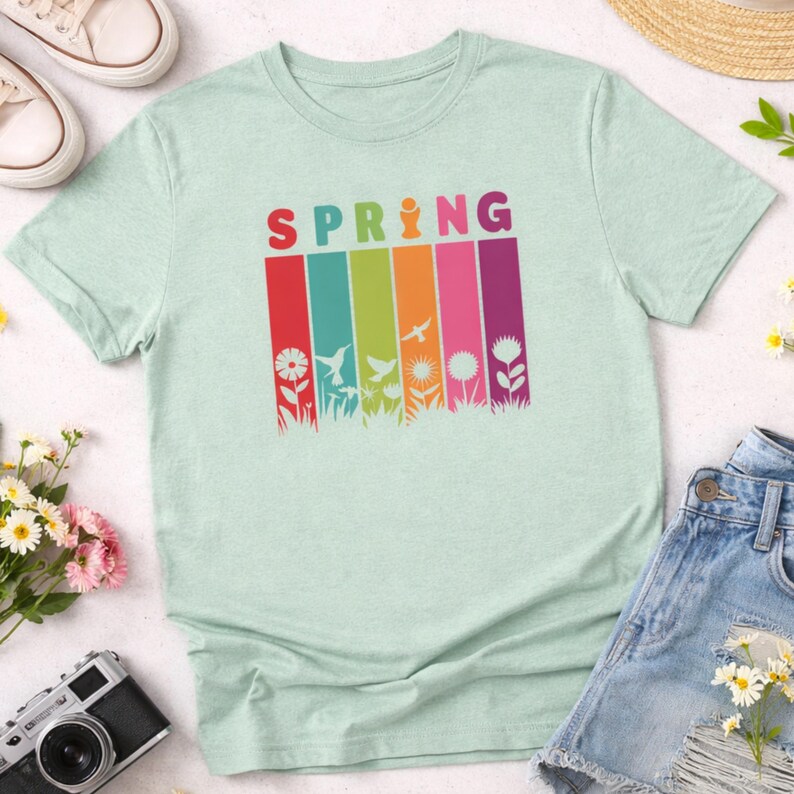 May include: A light green t-shirt with the word "SPRING" in colorful letters. Below the word are vertical stripes of red, blue, green, orange, pink, and purple, each with a floral or bird graphic. The shirt is paired with denim shorts and sneakers.
