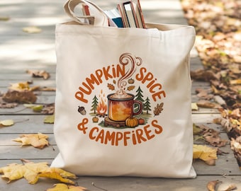 Pumpkin Spice Campfires Canvas Tote Bag: Återanvändbar shoppingväska för höst och höst
