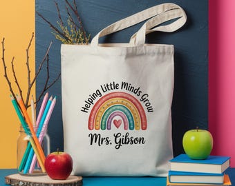 Personalized Teacher Tote Bag: Rainbow Canvas, Helping Little Minds Grow