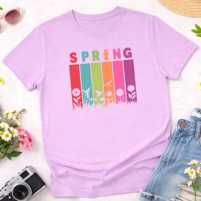 May include: A light purple t-shirt with the word "SPRING" in colorful letters across the top. Below the word are vertical stripes of red, teal, green, orange, pink, and purple, each with a different floral design.