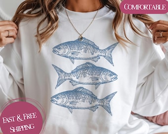 Blue Fish Crewneck Sweatshirt: Boho Fishing Gift