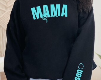 Personalized Mama Sweatshirt: Custom Name Sleeve, Turquoise Lettering