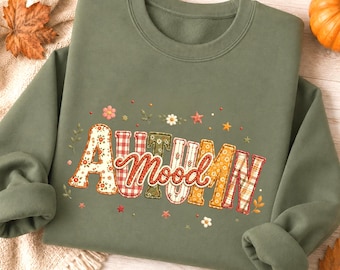 Autumn Mood Sweatshirt, Patchwork Style Fall Crewneck For Cozy Season
