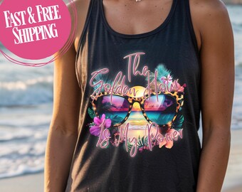 Camiseta sin mangas con espalda nadadora y puesta de sol tropical: gafas de sol de leopardo, vacaciones en la costa