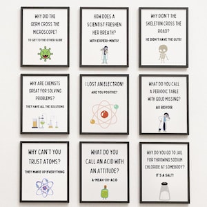 9 Funny Science Posters, Science Classroom Posters, Puns, Jokes, Science Homeschool, Science Teacher Gift, Classroom Displays Printables