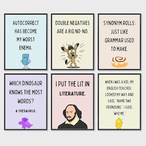 Könnte beinhalten: Sechs gerahmte Kunstdrucke mit humorvollen Texten und Illustrationen. Die Drucke zeigen Sätze wie "Autokorrektur ist zu meinem schlimmsten Einlauf geworden" und "Synonymrollen: genau wie Grammatik gemacht wird." Die Kunst beinhaltet ein Telefon und ein Brötchen.