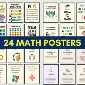 Può includere: Un set di 24 poster stampabili colorati con design a tema matematico. I poster presentano vari concetti matematici, simboli e figure storiche. Alcuni dei poster includono testo come "Siamo risolutori di problemi", "Ordine delle operazioni", "Pi", "La matematica è una materia divertente", "Rimani sempre positivo", "Come essere una persona di matematica", "Oggi è un grande giorno per", "Benvenuti ai futuri matematici", "40", "Ventitré", "In numeri romani", "Pitagora", "Archimede", "Euclide", "Ipazia", "Blaise Pascal", "Senocrate", e "Un jiffy è un'unità di tempo reale. Significa 1/100 di secondo".