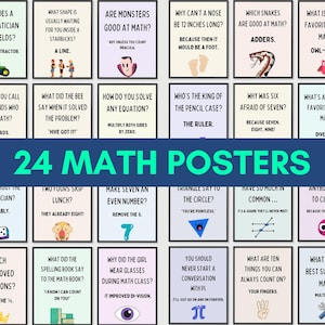 May include: A set of 24 colourful posters with math-themed jokes and puns. Each poster features a different illustration and a funny caption related to math concepts like algebra, geometry, and statistics.