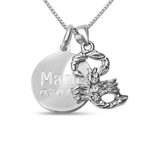 Personalized Scorpio Necklace 925 Silver – Zodiac Sign Pendant with Engraving, Scorpio Jewelry, Birthday Gift Watermark