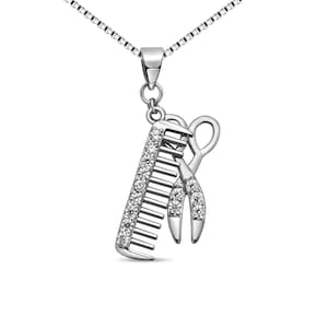 Stylisthänge Sax och kam i äkta 925 sterlingsilver | Massivt silver 29 x 17 mm | Glänsande frisörpresent | Högkvalitativa professionella smycken