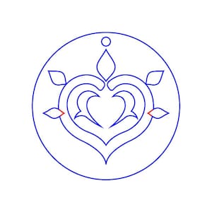 Op de afbeelding: Een blauwe lijntekening van een hart met een decoratief ontwerp in een cirkel. Het hart heeft een gestileerd ontwerp met twee kleinere harten erin.
